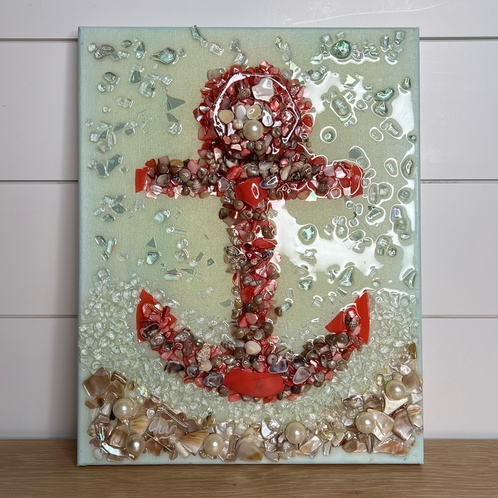 Pearls‎ Shells Beach Anchor Resin Painted Canvas. Size 11” x 14”.